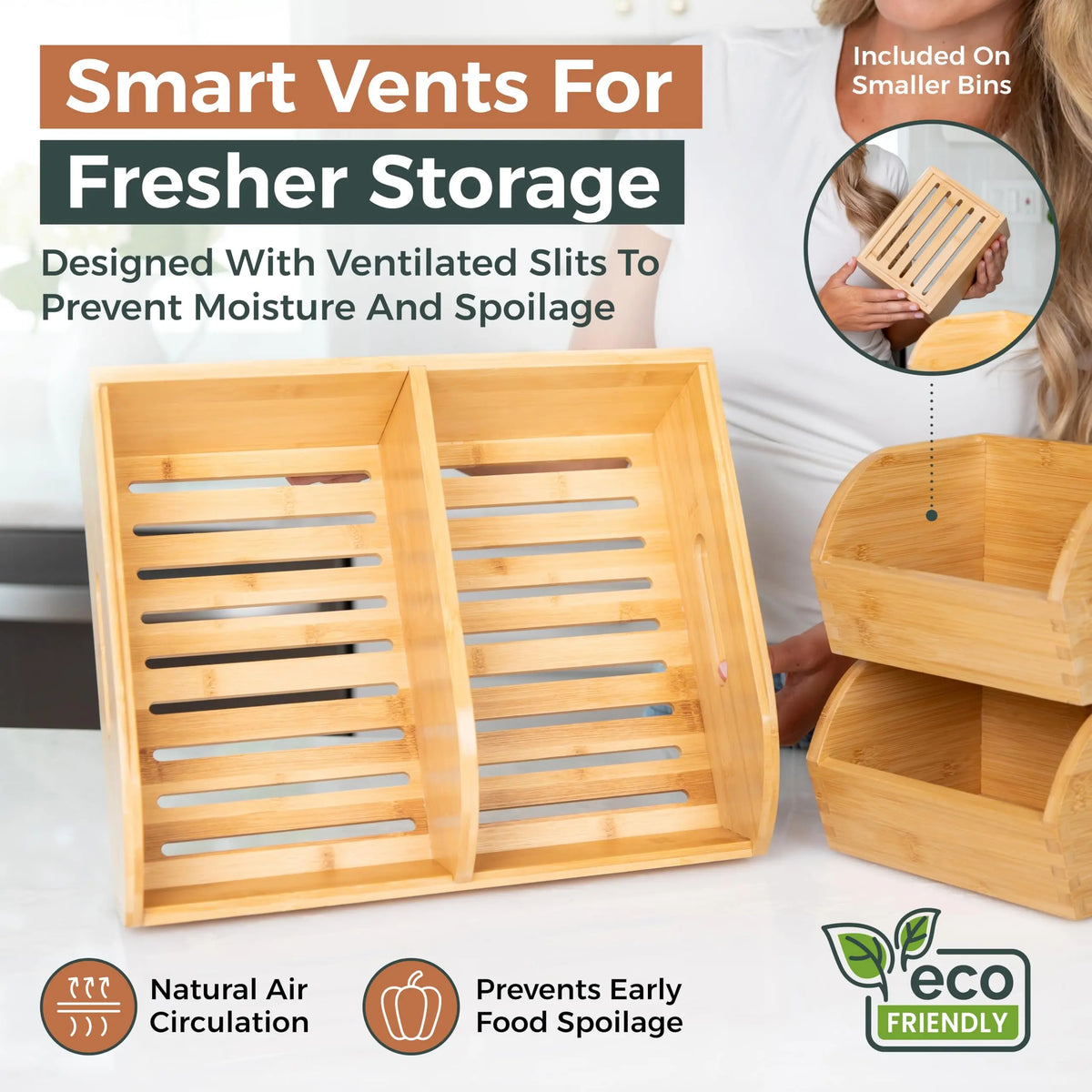 SANNAX 3-Pack Stackable Storage Bins - Classic Durable Ventilated Bamboo Organizer Baskets with Handle Carry Ease, Home Supplies Multipurpose Containers for Pantry, Kitchen Counter