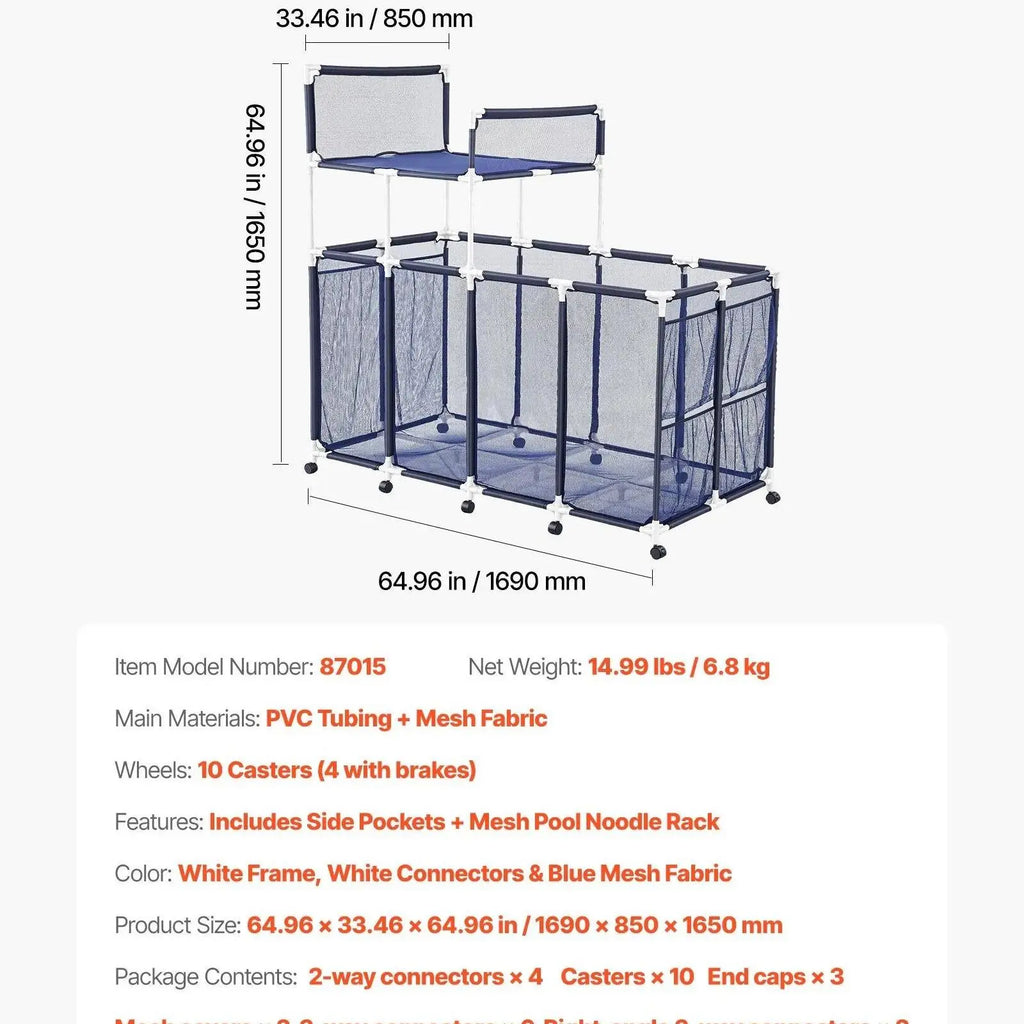 VEVOR Heavy-Duty Plastic Rolling Pool Storage Bin, 48.8 x 32.7 x 32.7 in Durable Metal Frame Organizer with Rolling Casters, Side Pockets, Breathable and Quick-Drying Mesh Basket for Pool Toys (Rectangular)