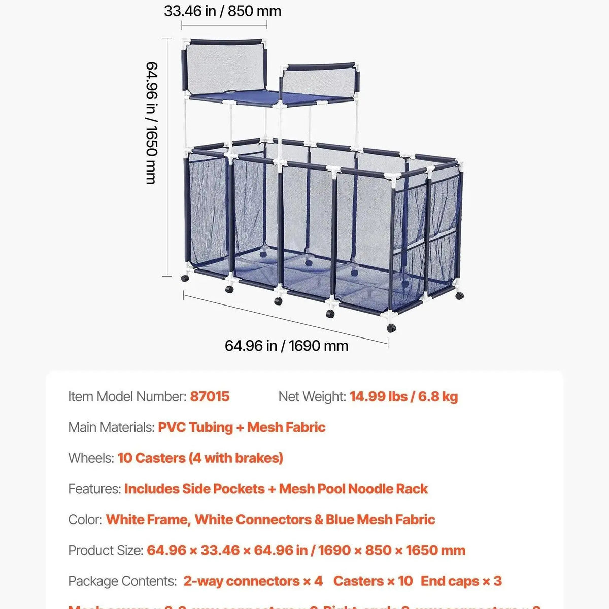 VEVOR Heavy-Duty Plastic Rolling Pool Storage Bin, 48.8 x 32.7 x 32.7 in Durable Metal Frame Organizer with Rolling Casters, Side Pockets, Breathable and Quick-Drying Mesh Basket for Pool Toys (Rectangular)