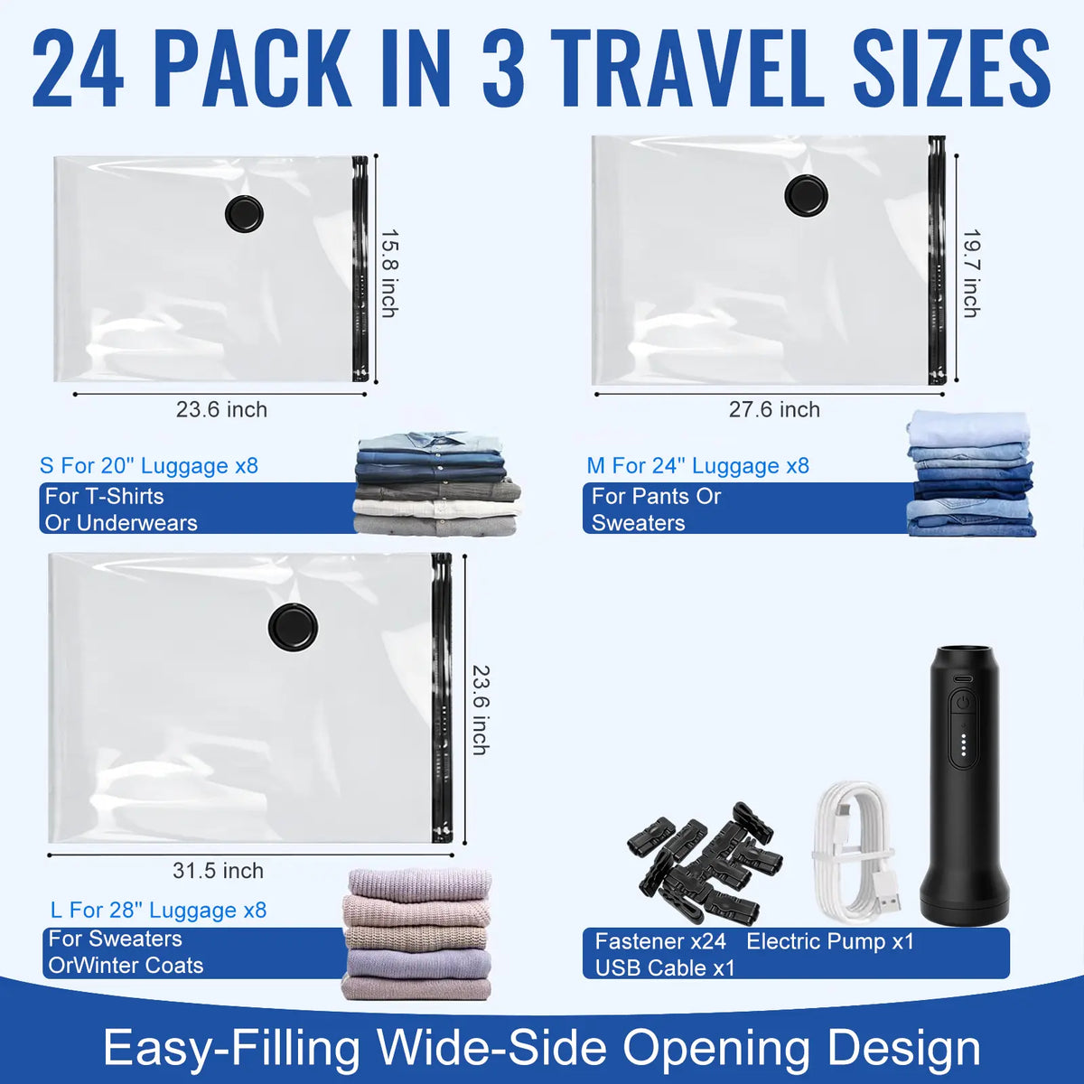 15 Pieces Reusable Vacuum Compression Storage Bags Set with Rechargeable Wireless Pump, Compact Portable Organiser Storage Transportation Bag for Travel Clothing & Home Bedding