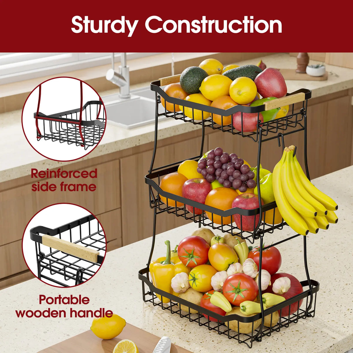 2/3-Tier Square Metal Fruit Basket Stand, Durable Kitchen Storage Unit, Space-Saving Stackable Countertop Home Organizer for Fruits, Snacks, Bread