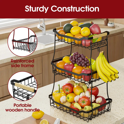 2/3-Tier Square Metal Fruit Basket Stand, Durable Kitchen Storage Unit, Space-Saving Stackable Countertop Home Organizer for Fruits, Snacks, Bread