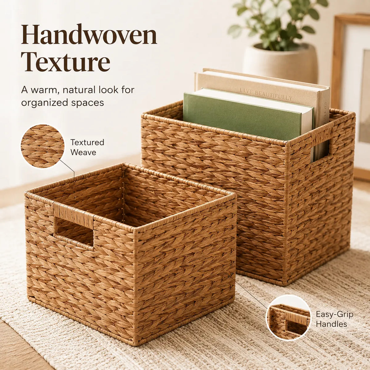 Summerwins Natural Water Hyacinth Storage Baskets - Handwoven Cube Organizing Bins with Cutout Handles, Open-Top Farmhouse Storage Organizer for Dorm Room, Living Room, Laundry, House Organizers, College Move-In Essentials