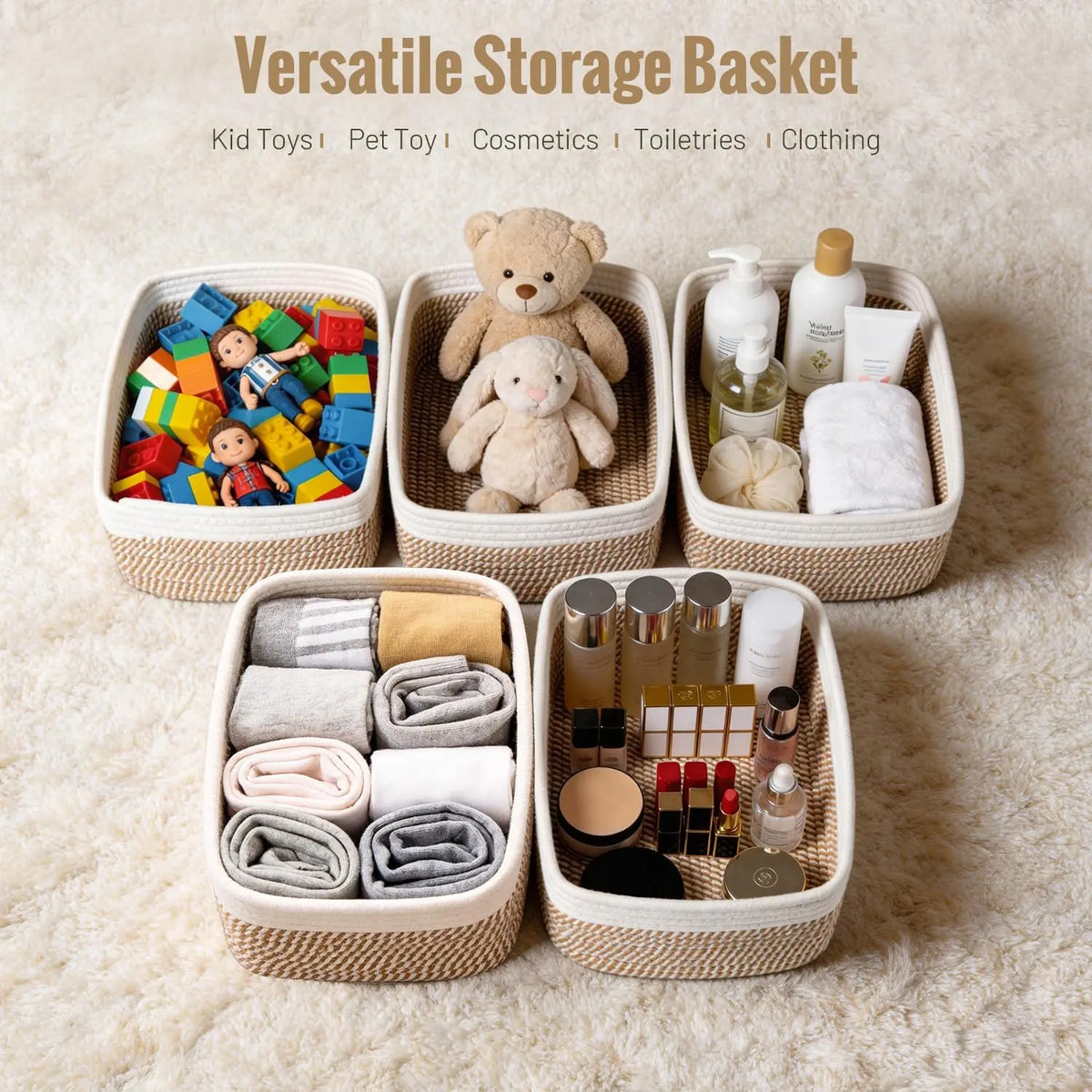 Khaki/White 5-Pack Small Rectangular Woven Cotton Rope Storage Bins (11.8"x7.9"x4.7") - Modern Farmhouse Organiser for Pet Supplies, Kitchen, Bathroom, Office, Nursery Changing Table - Ideal Baby Shower Gift