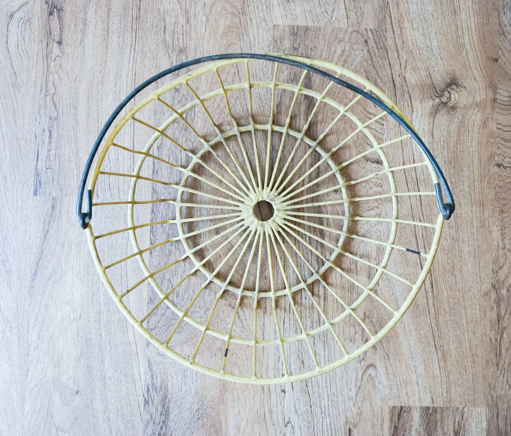 Vintage Galvanized Metal Egg Basket in Distressed Yellow and Spiral Metal Handle