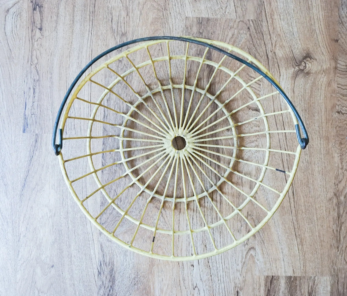 Vintage Galvanized Metal Egg Basket in Distressed Yellow and Spiral Metal Handle