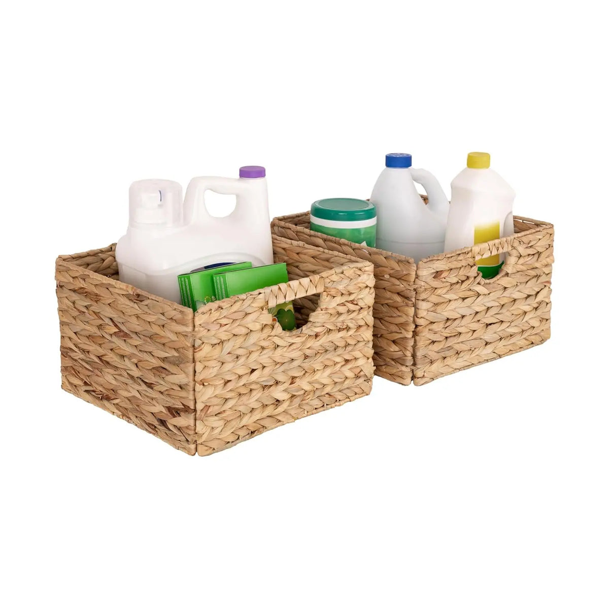 Classics Series 2-Pack Natural Water Hyacinth Handwoven 13.25x13.25in Square Laundry Baskets with Carrying Handles, Steel-Frame Portable Laundry Room Organizer, Home Organization Containers, Closet Baskets for Clothes Linen