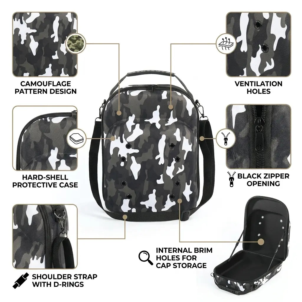Camouflage Hard Shell Hat Organizer with 6 Hat Slots - Waterproof, Shockproof EVA Compact Travel Luggage Accessory for Commuting Baseball Caps, Travel Storage, Durable Travel Accessory
