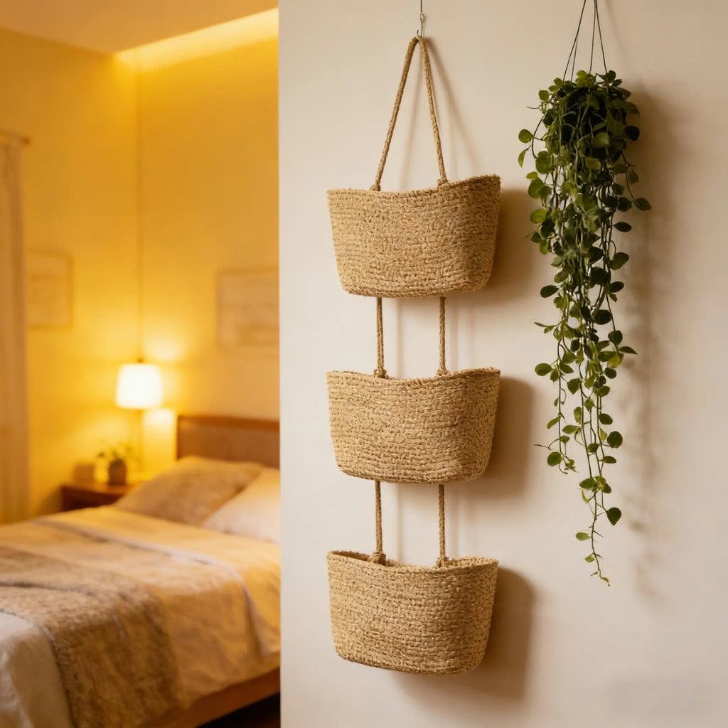 3-Tier Woven Cotton Door-Hanging Storage Basket Set - Compact French Country Home Organizer, Fast Install Use, Clutter Stays Put, Ideal for Busy Parents' Nursery Diapers & Toys (Nursery Decor)