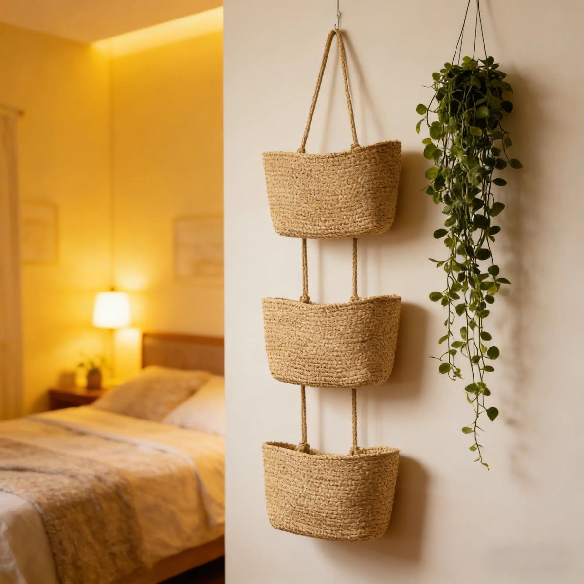 3-Tier Woven Cotton Door-Hanging Storage Basket Set - Compact French Country Home Organizer, Fast Install Use, Clutter Stays Put, Ideal for Busy Parents' Nursery Diapers & Toys (Nursery Decor)