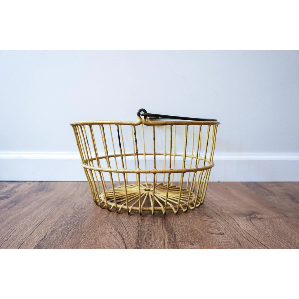 Vintage Galvanized Metal Egg Basket in Distressed Yellow and Spiral Metal Handle