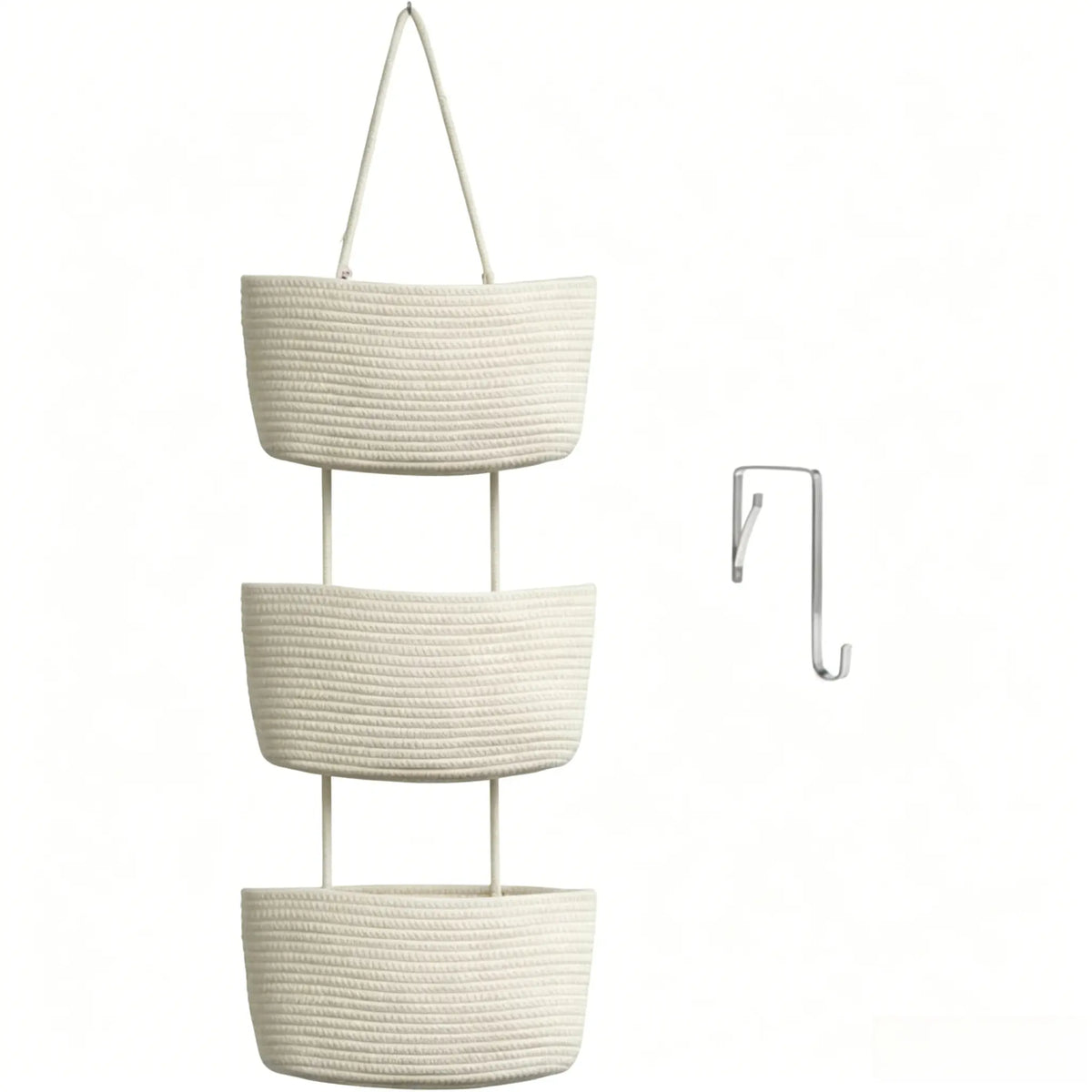 【Free Shipping (14in)】Woven Cotton 3-Tier Trapezoid Over-the-Door Basket, Wall-Mounted Jute Decorative Household Organizer, French Country Aesthetic for Busy Parents, with Gift Hook for Bathroom Decor Ideas & Home Storage