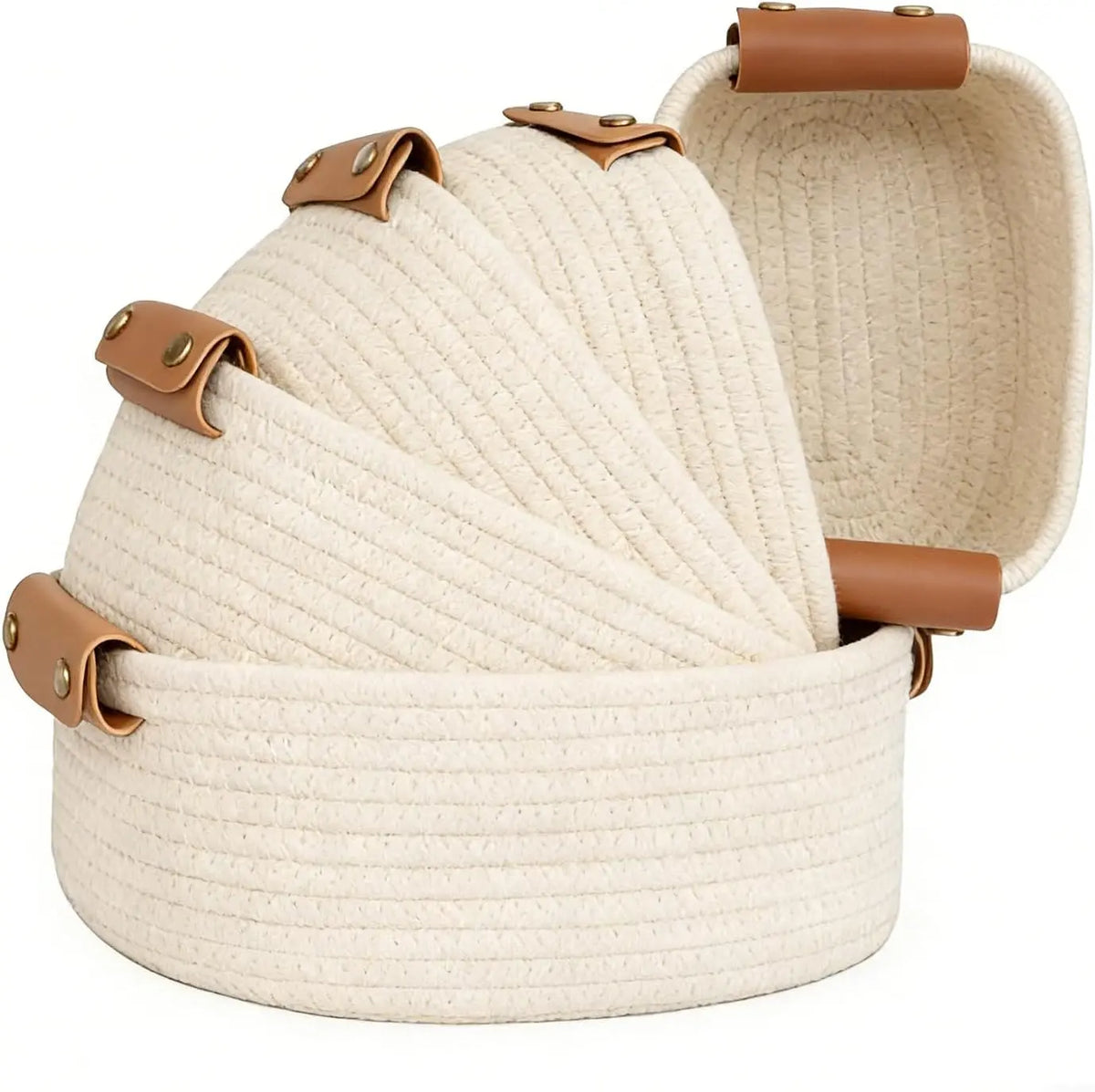SANNAX 5-Piece Multi-Size Sturdy Cotton Rope Storage Basket Set, High-Quality Leather-Accent Organizers for Storage Organization, Dorm Decor, Preschool/Bedroom Use, Books & Tech