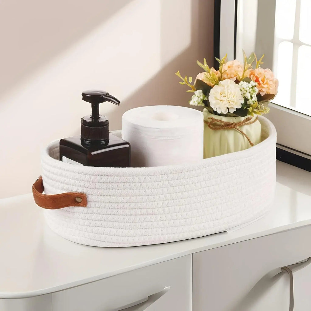 Woven Storage Basket, Multifunctional Bathroom Storage Basket with Handle, Bathroom Organizer for Toilet Paper, Towel, Soap, Shampoo, Toiletries Basket, Bathroom Baskets