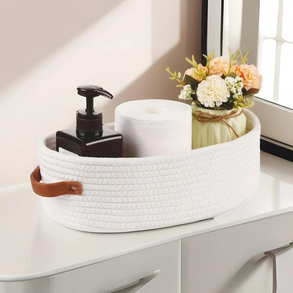 Woven Storage Basket, Multifunctional Bathroom Storage Basket with Handle, Bathroom Organizer for Toilet Paper, Towel, Soap, Shampoo, Toiletries Basket, Bathroom Baskets