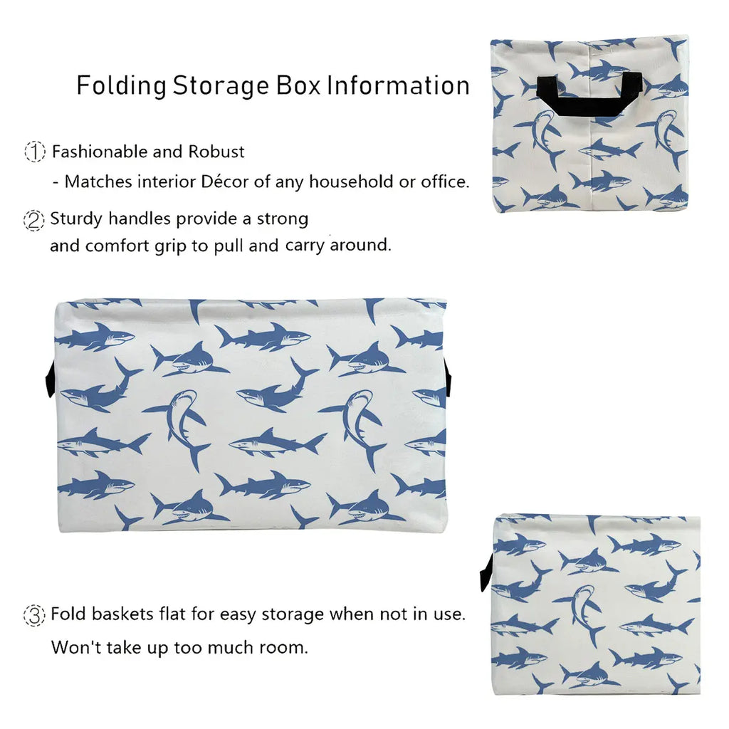 Foldable Rectangular Blue Fish Basket Storage Bin - Laundry Organizer Shelf for Room Decor, Indoors, Teacher Gift
