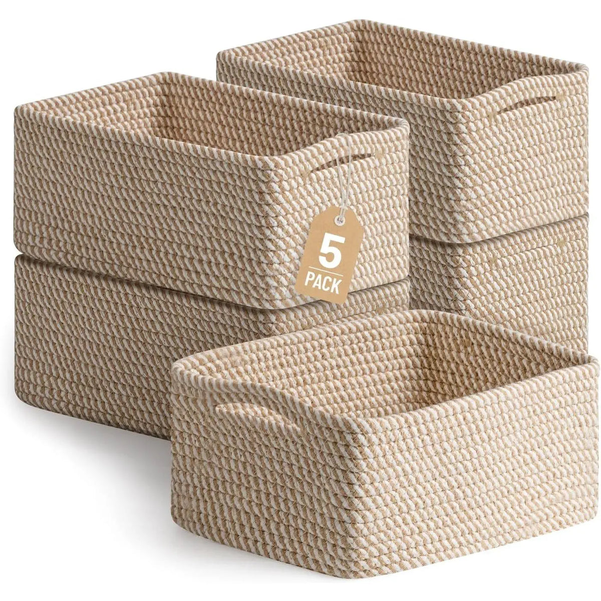 Khaki/White 5-Pack Small Rectangular Woven Cotton Rope Storage Bins (11.8"x7.9"x4.7") - Modern Farmhouse Organiser for Pet Supplies, Kitchen, Bathroom, Office, Nursery Changing Table - Ideal Baby Shower Gift