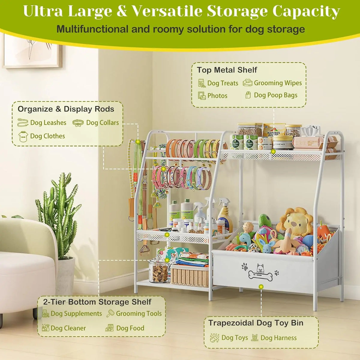 Large Modern Metal-Oxford Fabric Storage Basket with Iron Frame, 50cm Trapezoid Organizer Box with Leash Hooks, Toy Storage Holder for Pet Lovers, Wide Slant Living Room Home Organizer Essential