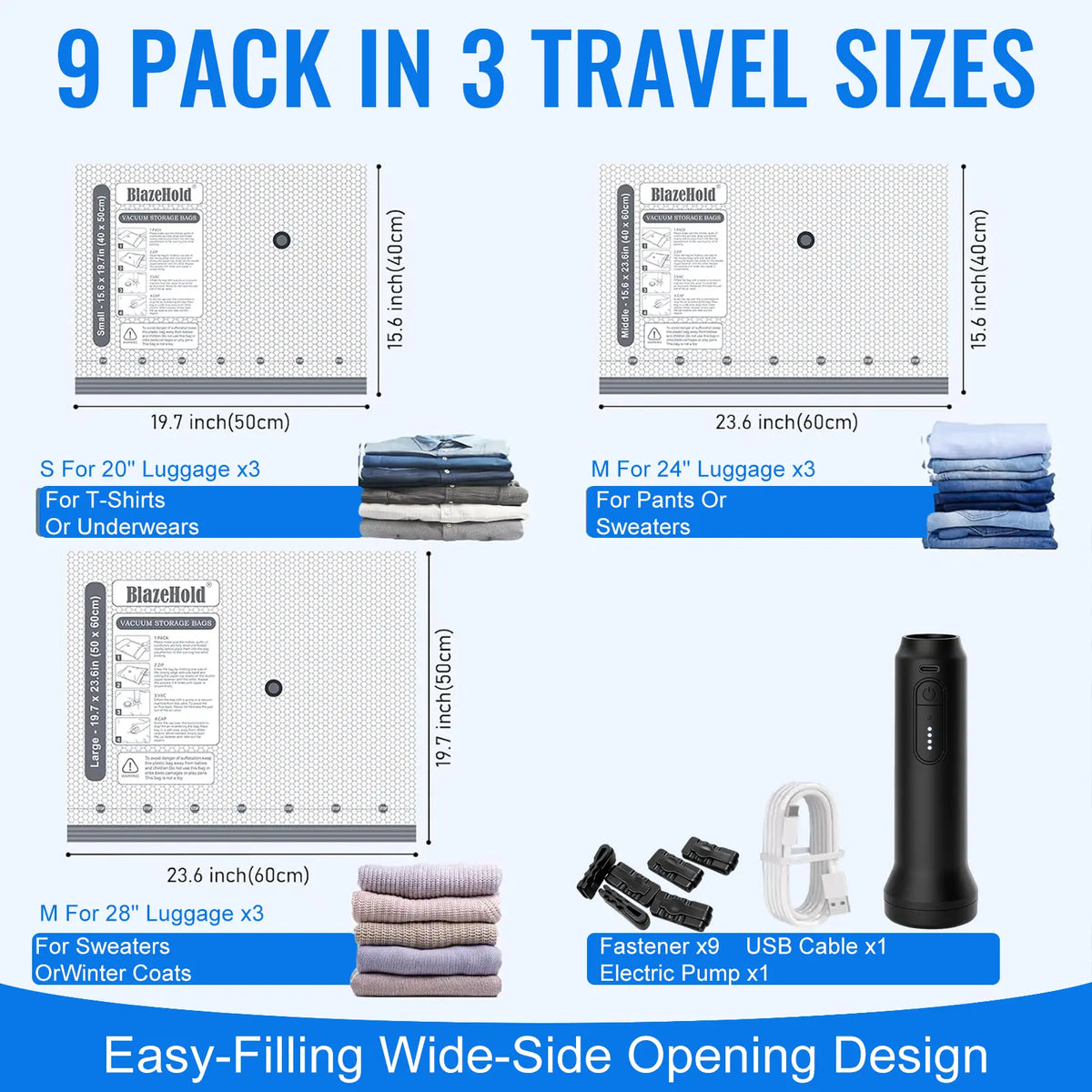 15 Pieces Reusable Vacuum Compression Storage Bags Set with Rechargeable Wireless Pump, Compact Portable Organiser Storage Transportation Bag for Travel Clothing & Home Bedding