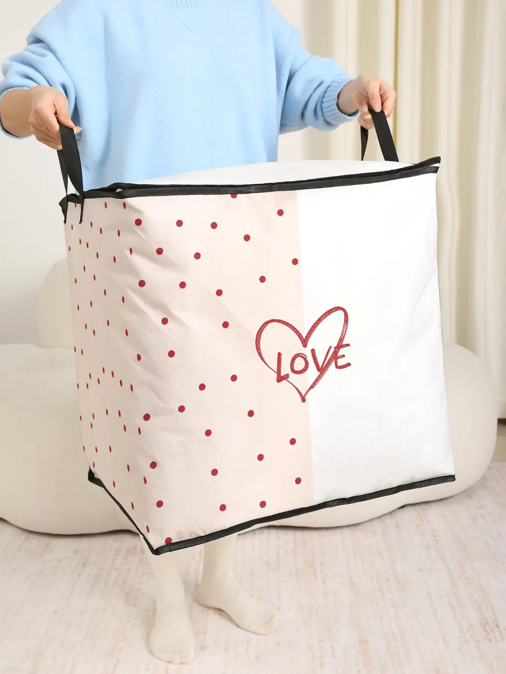 Heart Printed Thick Quilt Storage Bag, Blanket Storage, Cute and Practical Kids Bedding Organizer, Organizer Storage Supplies, Durable Material, Easy Carry Handle, Home Use, Valentine's Day Gift
