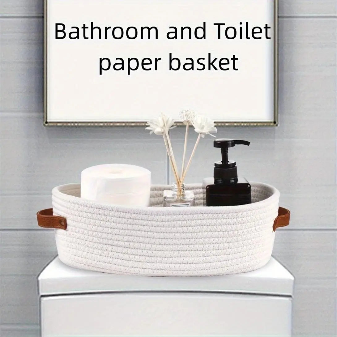 Woven Storage Basket, Multifunctional Bathroom Storage Basket with Handle, Bathroom Organizer for Toilet Paper, Towel, Soap, Shampoo, Toiletries Basket, Bathroom Baskets