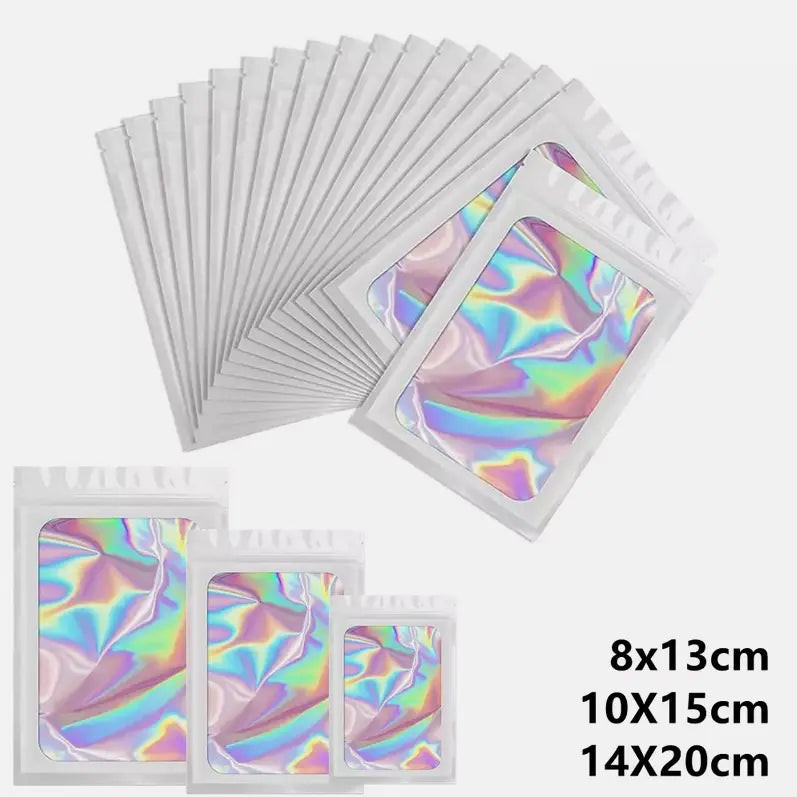 SJPACK 100-Pack Holographic Resealable Zip Foil Storage Bags, 8x13cm/10x15cm/14x20cm Smell-Proof Waterproof Pouches for Organiser, Lip Gloss, Eyelash, Key Chain, Jewellery (White/Black/Pink, Reusable)