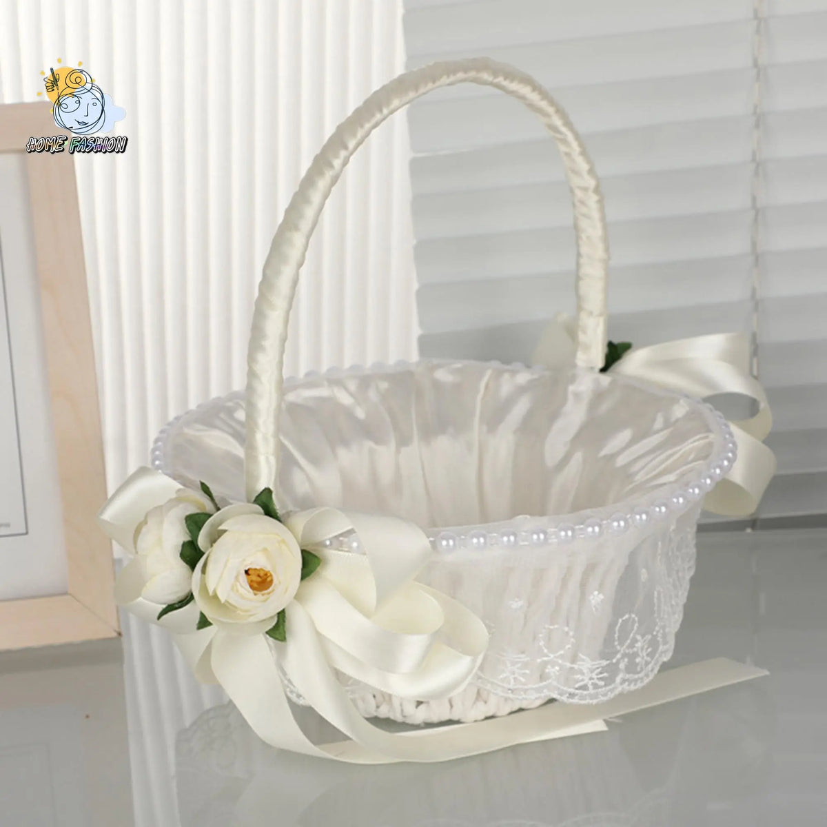 Elegant Wedding Flower Girl Decorative Storage Basket - Elegant Pearl Lace Tassel Design, Tassel Trim, Floral Pattern, Synthetic Material, 2 Sizes, 23.5*21.5cm White with Real Touch Norfolk Pine Garland for Wedding Parties, Sohochic