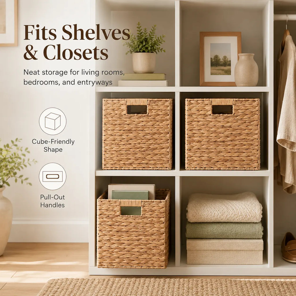 Summerwins Natural Water Hyacinth Storage Baskets - Handwoven Cube Organizing Bins with Cutout Handles, Open-Top Farmhouse Storage Organizer for Dorm Room, Living Room, Laundry, House Organizers, College Move-In Essentials