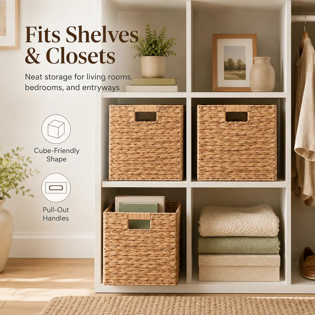 Summerwins Natural Water Hyacinth Storage Baskets - Handwoven Cube Organizing Bins with Cutout Handles, Open-Top Farmhouse Storage Organizer for Dorm Room, Living Room, Laundry, House Organizers, College Move-In Essentials