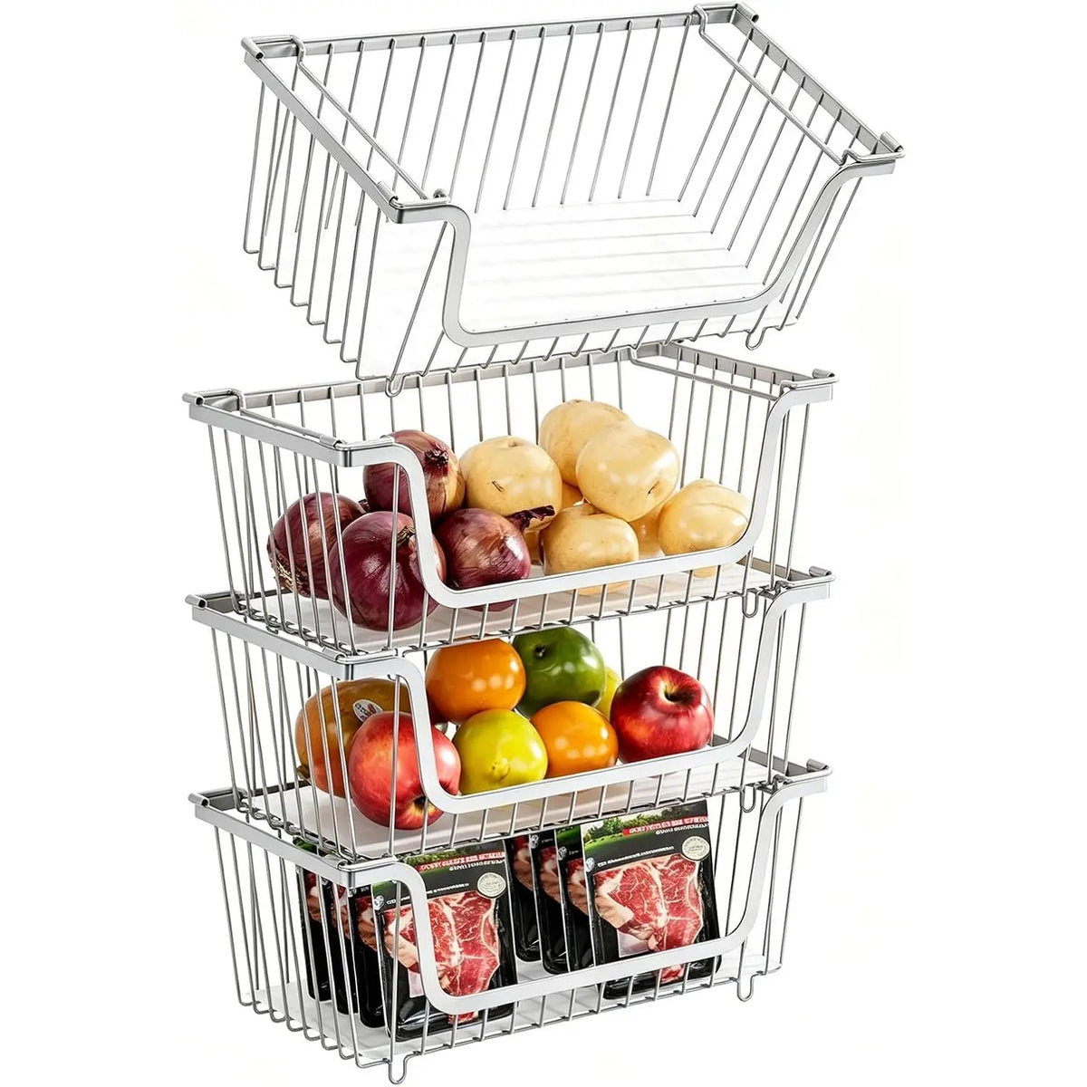 Black 4-Pcs Stackable Stainless Steel Hollow Wire Storage Bins Set - Metal Kitchen Bathroom Basket with Rotating Handle, Pet Supplies Organizer, Countertop Produce Holder