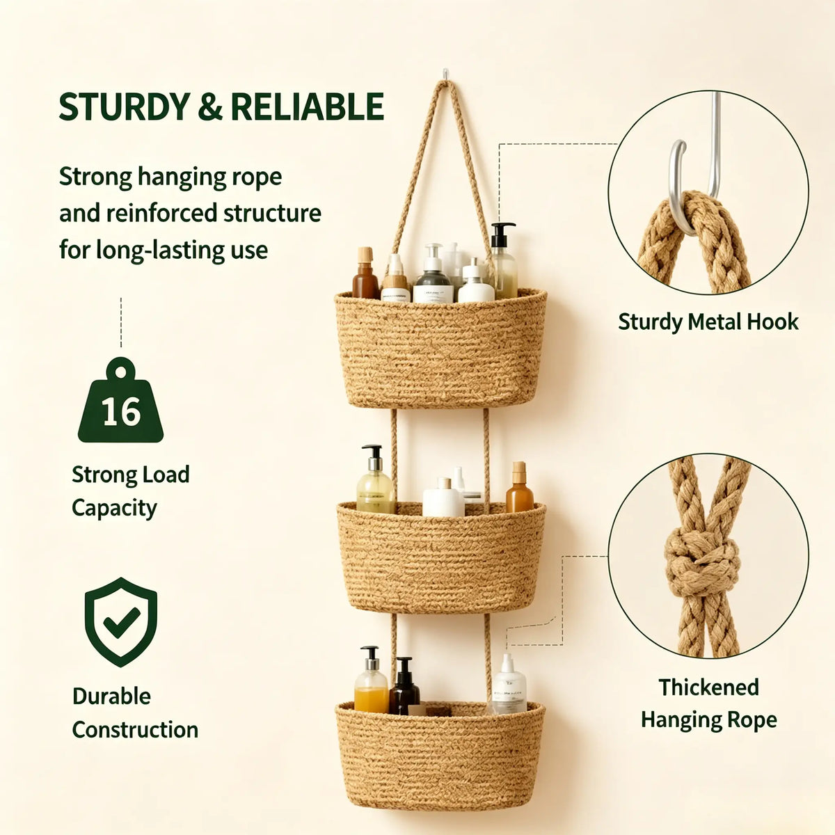 3-Tier Woven Cotton Over-the-Door Hanging Wall Basket - Jute Home Organizer Storage, French Country House Decor & Aesthetic Room Decor for Dorm Room, Natural Feel Warm Charm Solution