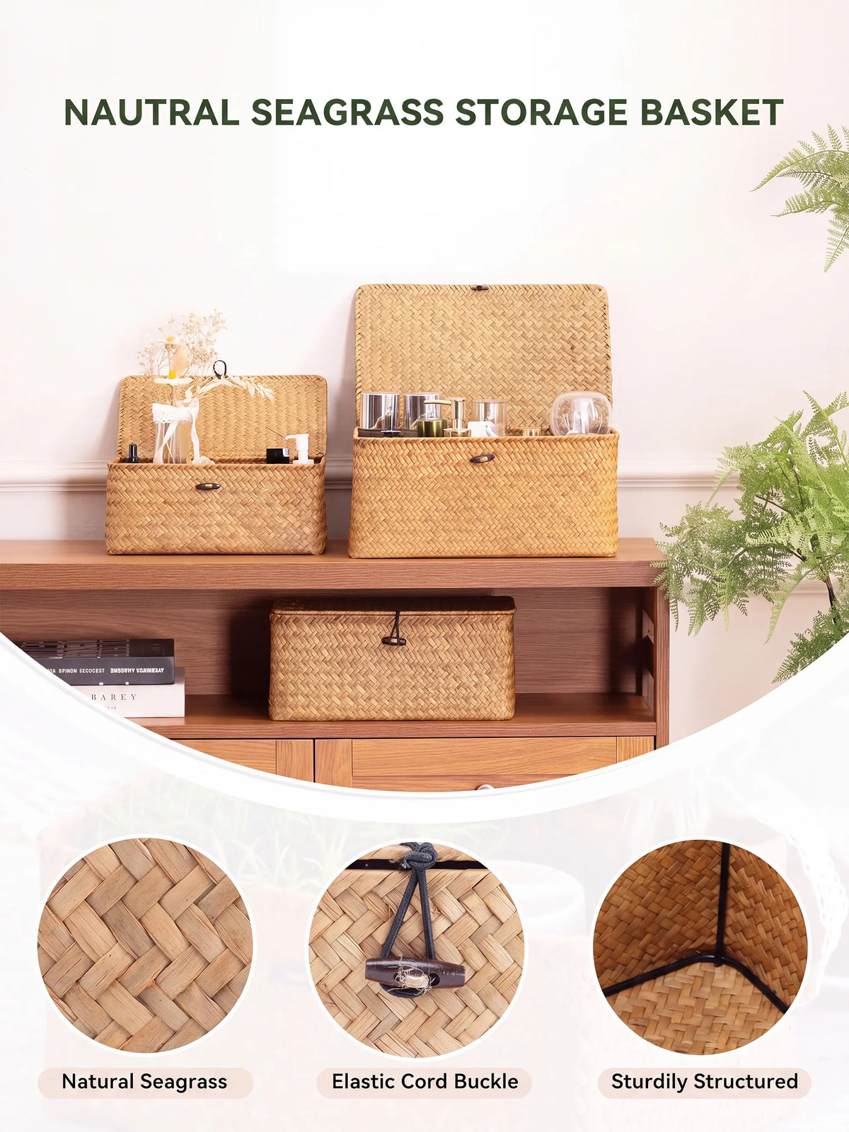Nonam Handwoven Natural Seagrass Bin with Lid, Set of 3, Shelf Baskets Multipurpose Container for Boho Decoration, Rectangular Household Storage Boxes for Home Organization