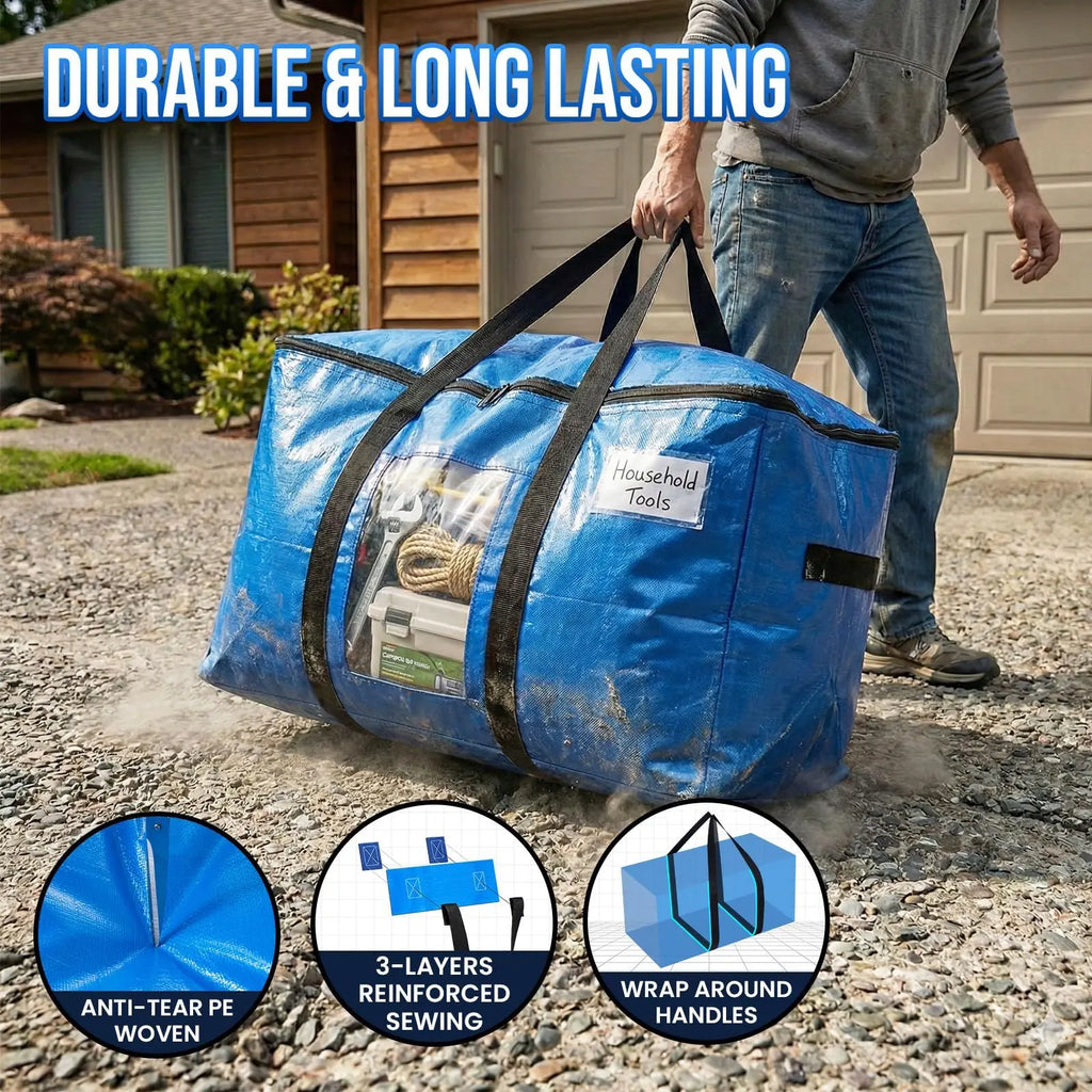 Extra Large Heavy Duty Portable Collapsible Moving & Pack Bags with Zip, 130LBS Load-Bearing Rip Resistant PE Plastic Fabric, Ergonomic Handles, Label Slot, Disposable Storage Organizer for Home Relocation & Storage Organization