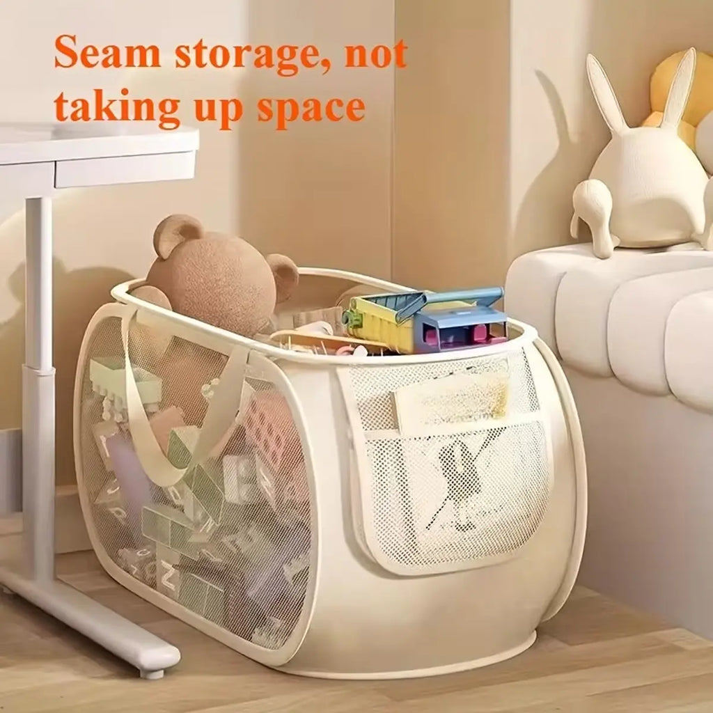 1pc Large Foldable Toy Storage Basket with Mesh Edges and Durable Handle, Fabric Organizer, Playroom Kidsroom Organizer, with Transparent Panel, Mesh Baskets, Basket with Handles