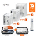 Inspink 15-Pack Compression Vacuum Seal Storage Bags Set with 25W USB Rechargeable Pump, Foldable Solution for Home Storage Organization, Travel Organizers, Carry-On Luggage Organizer,dorm essentials #SohoChic