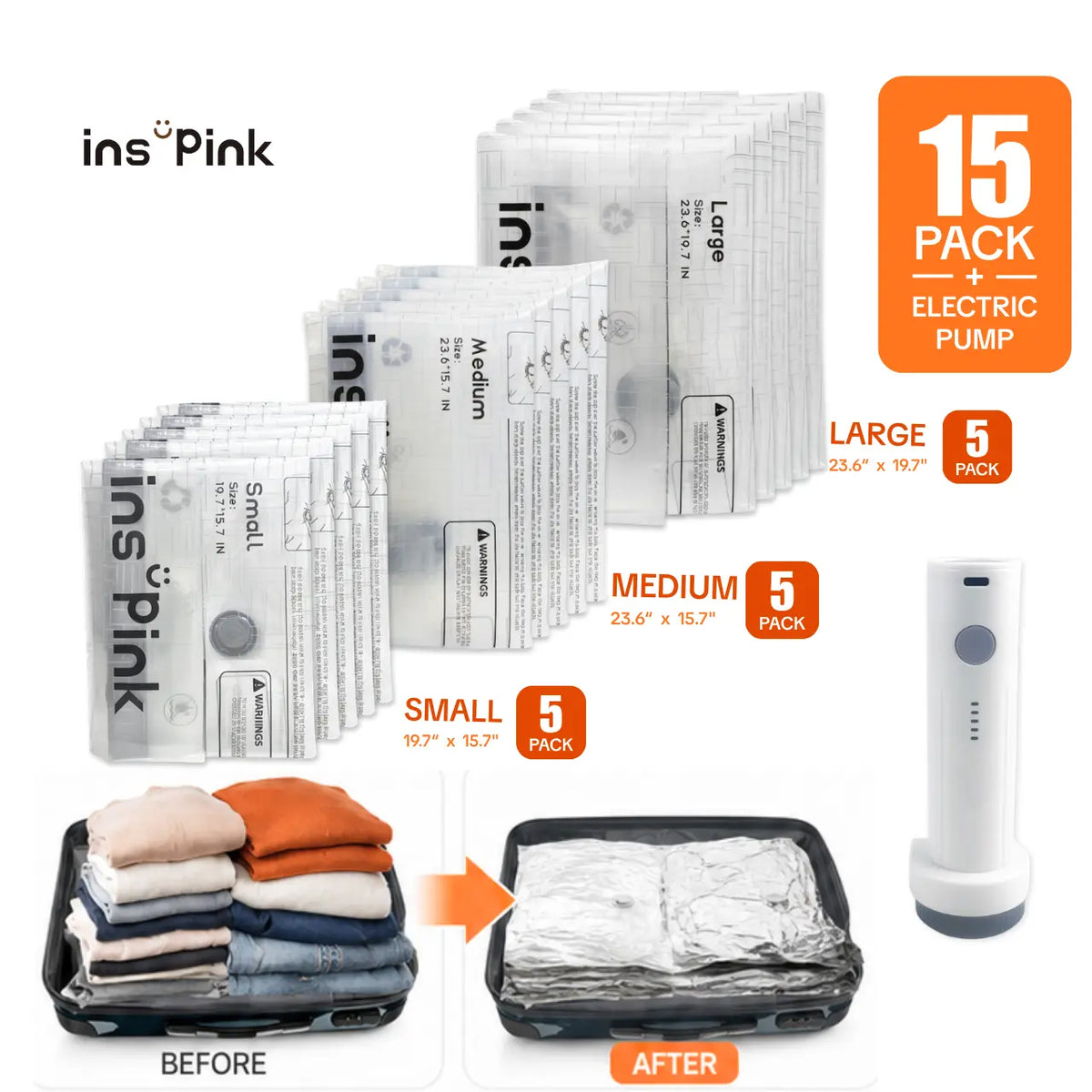 Inspink 15-Pack Compression Vacuum Seal Storage Bags Set with 25W USB Rechargeable Pump, Foldable Solution for Home Storage Organization, Travel Organizers, Carry-On Luggage Organizer,dorm essentials #SohoChic