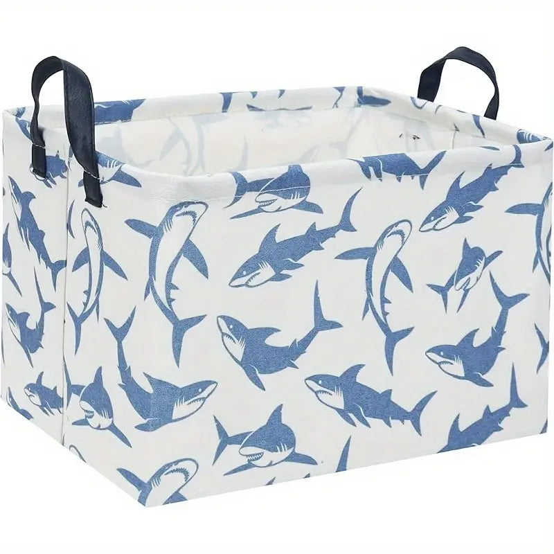 Foldable Rectangular Blue Fish Basket Storage Bin - Laundry Organizer Shelf for Room Decor, Indoors, Teacher Gift