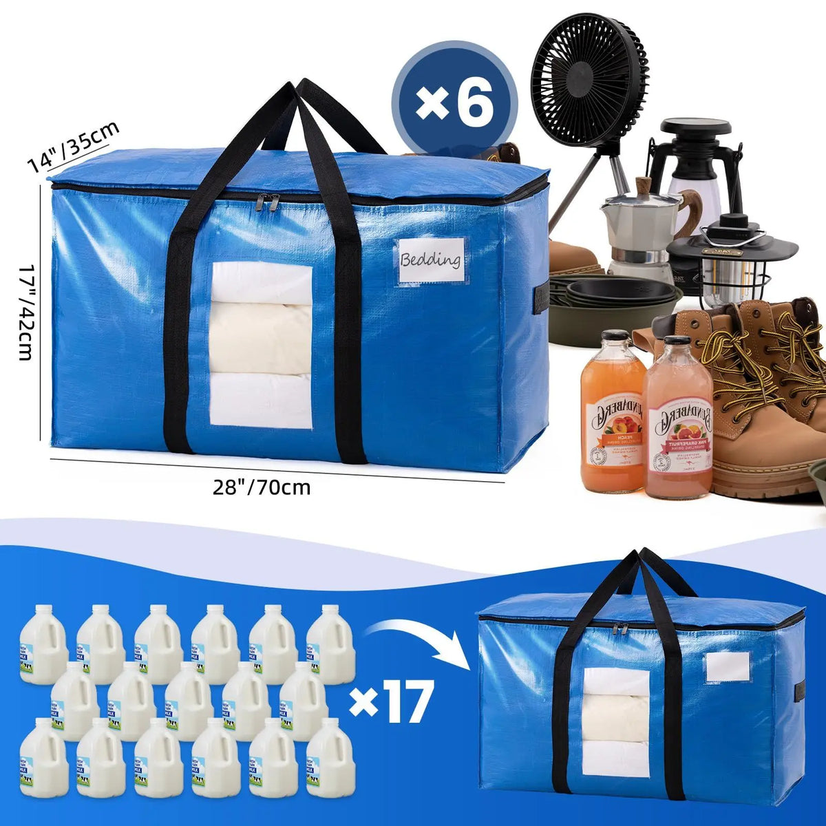 Extra Large Heavy Duty Portable Collapsible Moving & Pack Bags with Zip, 130LBS Load-Bearing Rip Resistant PE Plastic Fabric, Ergonomic Handles, Label Slot, Disposable Storage Organizer for Home Relocation & Storage Organization