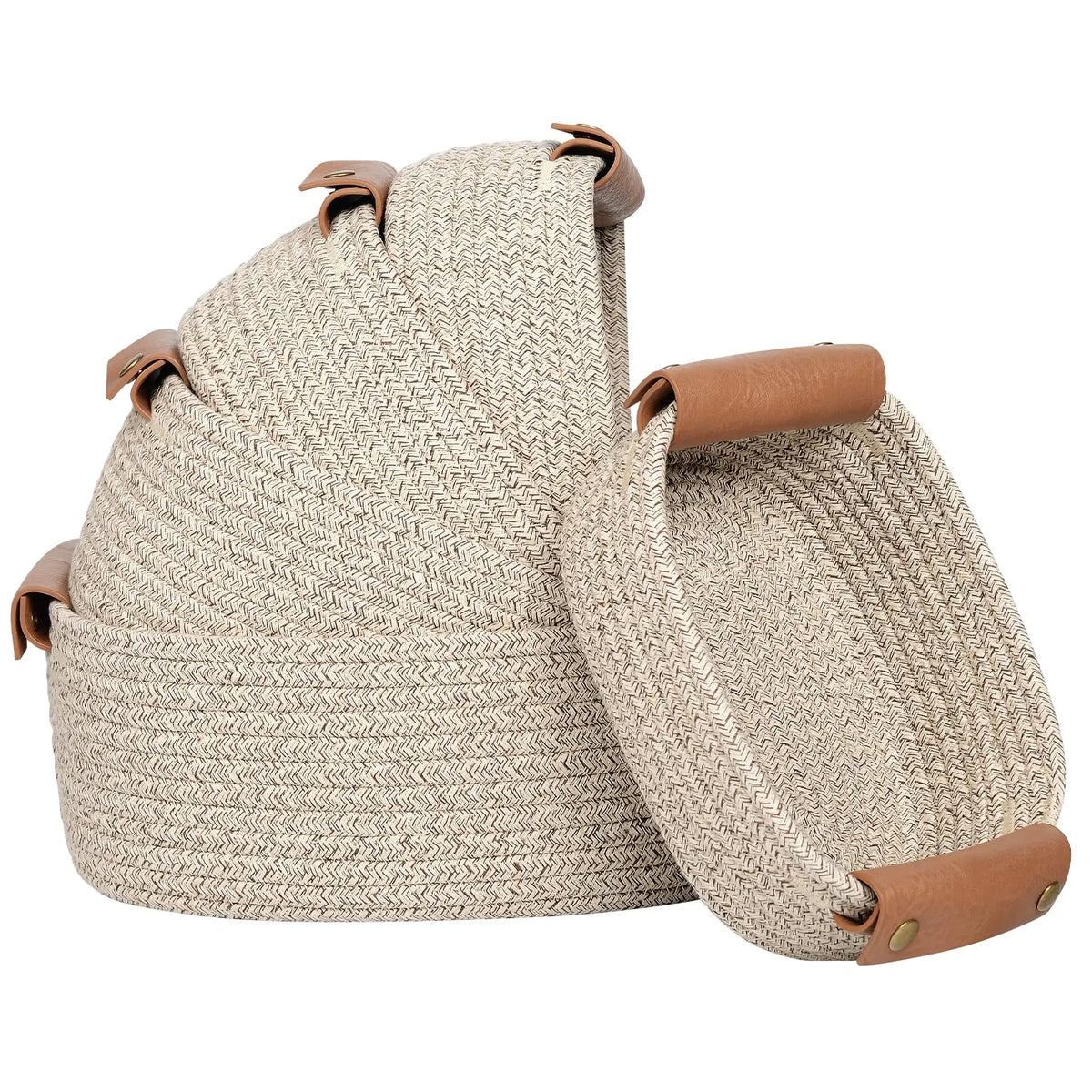 SANNAX 5-Piece Multi-Size Sturdy Cotton Rope Storage Basket Set, High-Quality Leather-Accent Organizers for Storage Organization, Dorm Decor, Preschool/Bedroom Use, Books & Tech