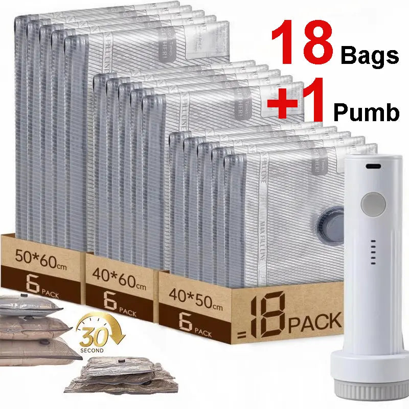 Reusable Vacuum Storage Bags with Rechargeable Cordless Air Pump - 9/18 Pack Carry-On Compact Zippered Portable Multipack Organiser for Luggage, Suitcase, Clothes Sealing, Airtight Dust Protection, Portable Storage Bag