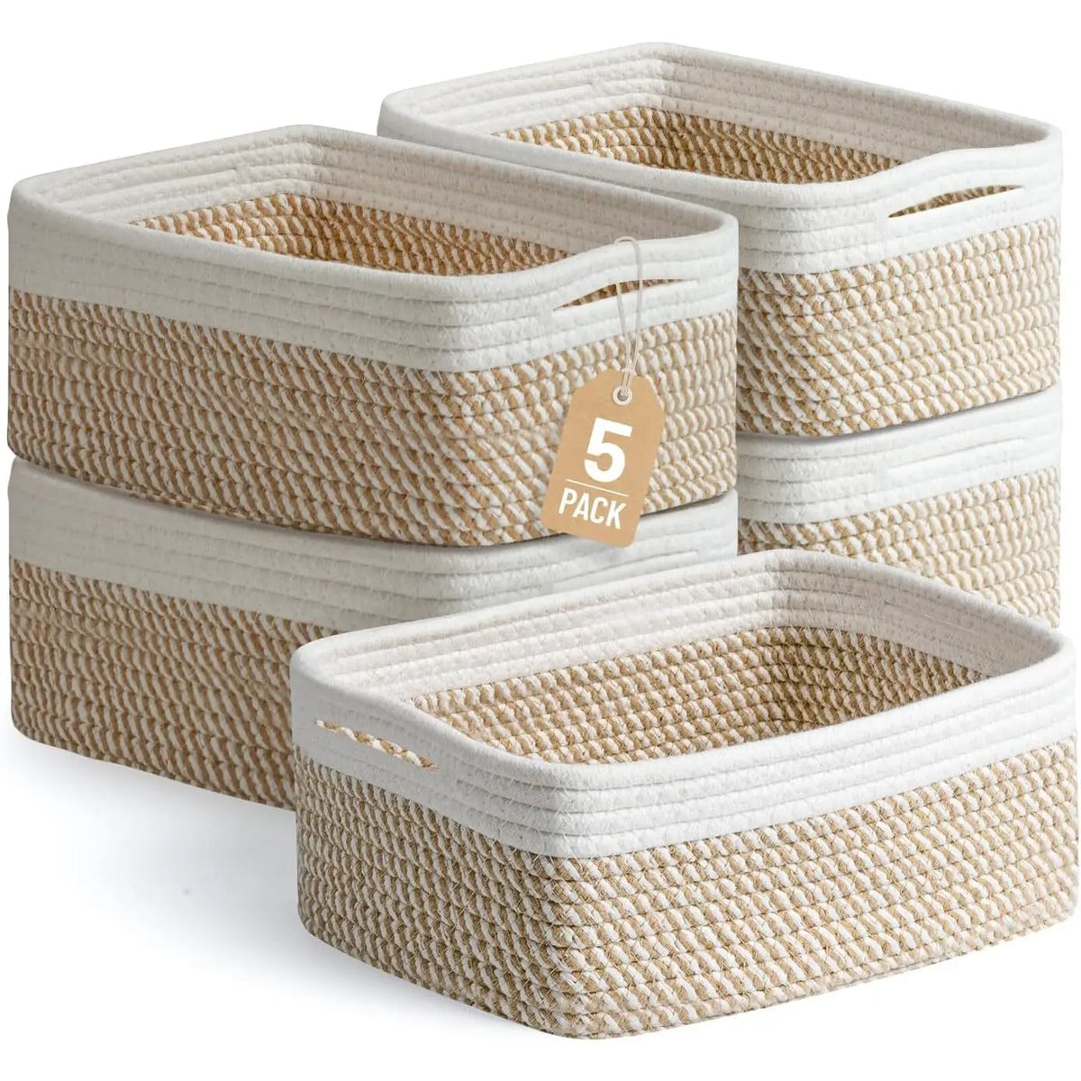 Khaki/White 5-Pack Small Rectangular Woven Cotton Rope Storage Bins (11.8"x7.9"x4.7") - Modern Farmhouse Organiser for Pet Supplies, Kitchen, Bathroom, Office, Nursery Changing Table - Ideal Baby Shower Gift