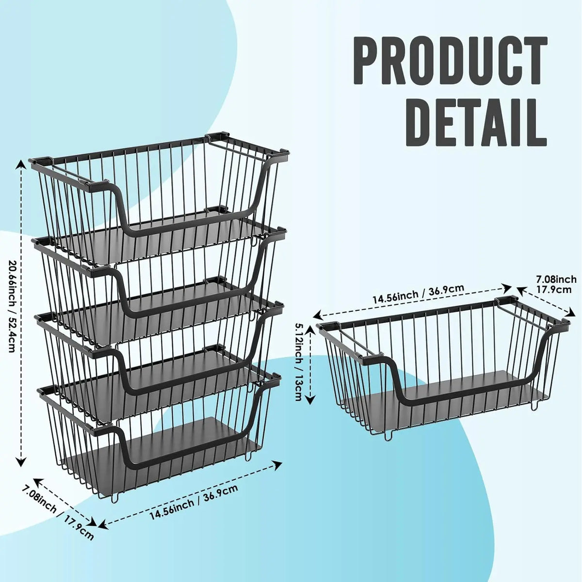 Black 4-Pcs Stackable Stainless Steel Hollow Wire Storage Bins Set - Metal Kitchen Bathroom Basket with Rotating Handle, Pet Supplies Organizer, Countertop Produce Holder
