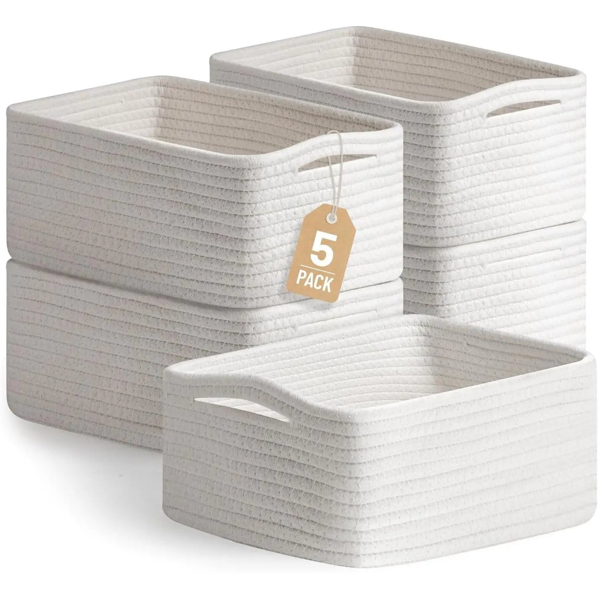 Khaki/White 5-Pack Small Rectangular Woven Cotton Rope Storage Bins (11.8"x7.9"x4.7") - Modern Farmhouse Organiser for Pet Supplies, Kitchen, Bathroom, Office, Nursery Changing Table - Ideal Baby Shower Gift