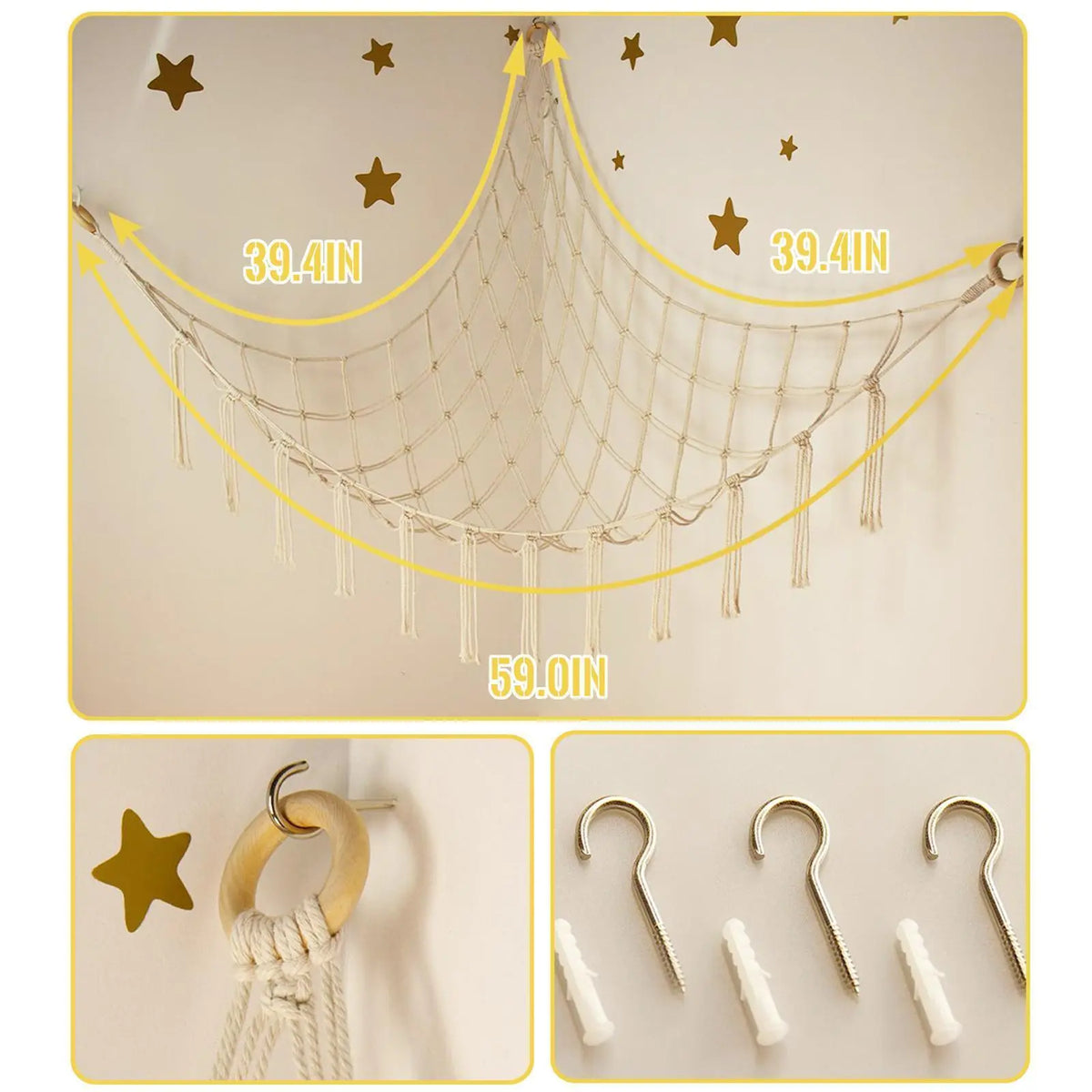 60in Classic Soft Cotton Net Square Stuffed Animal Storage Hammock, Room Organization Products, Kids' Room Playroom Organizer, Boho Wall Decor Plush Toy Holder for Home Nursery Bedroom