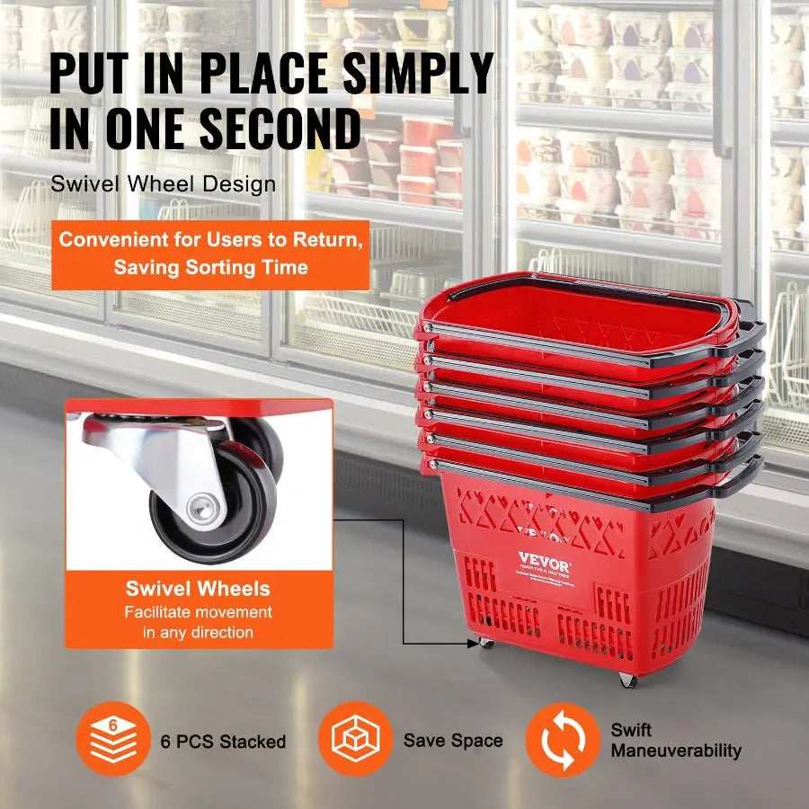 VEVOR 6PCS 39L Plastic Rolling Shopping Baskets with Handles & Wheels, Large Portable Set for Supermarkets, Grocery Shopping, With Wheel