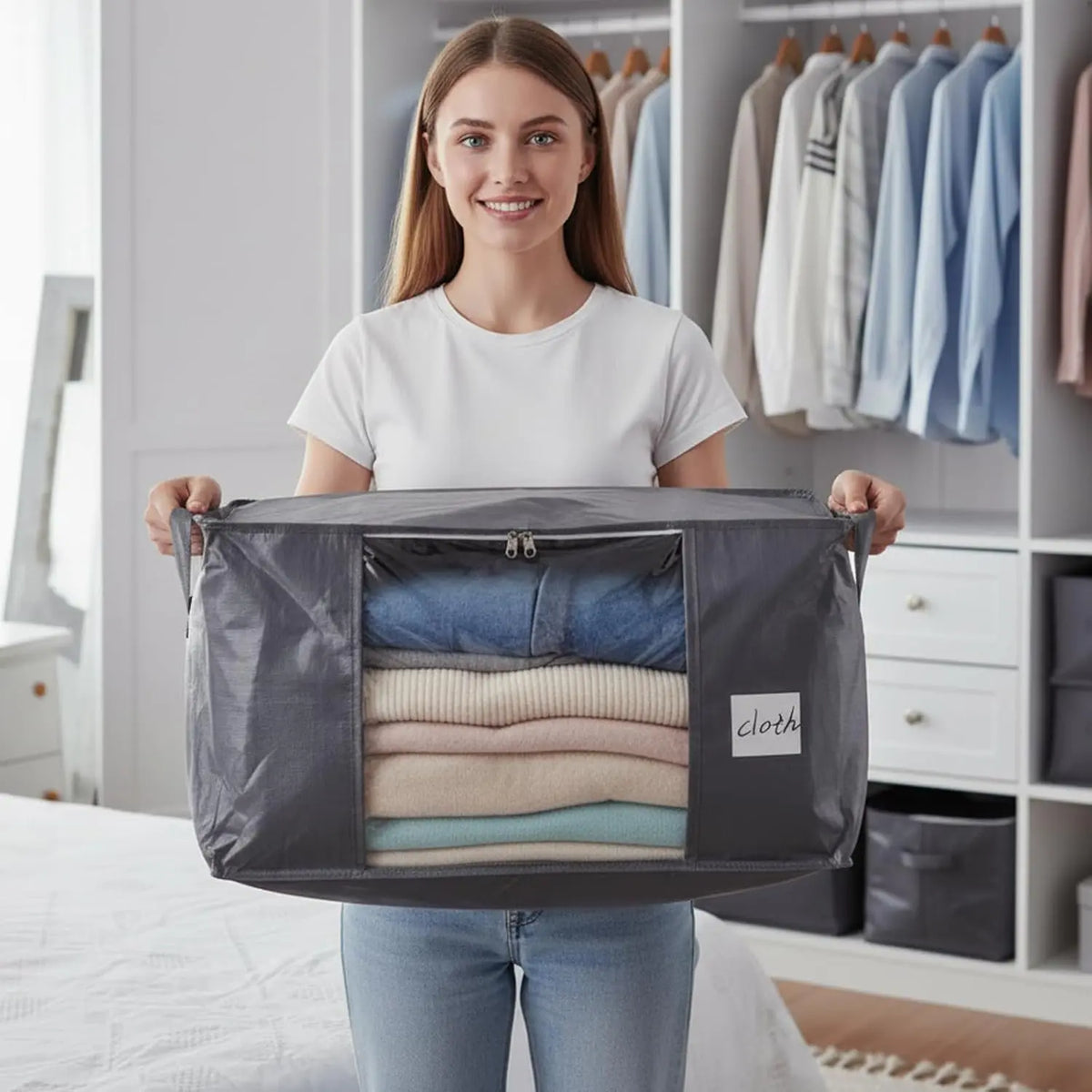 Bedding Storage 90L Blanket Storage Bags 6 Pack Large Foldable Heavy Duty Clothes Containers for Closet, Clothing, Comforters, Bedding, Bed Sheets, Pillows and Toys Organizers