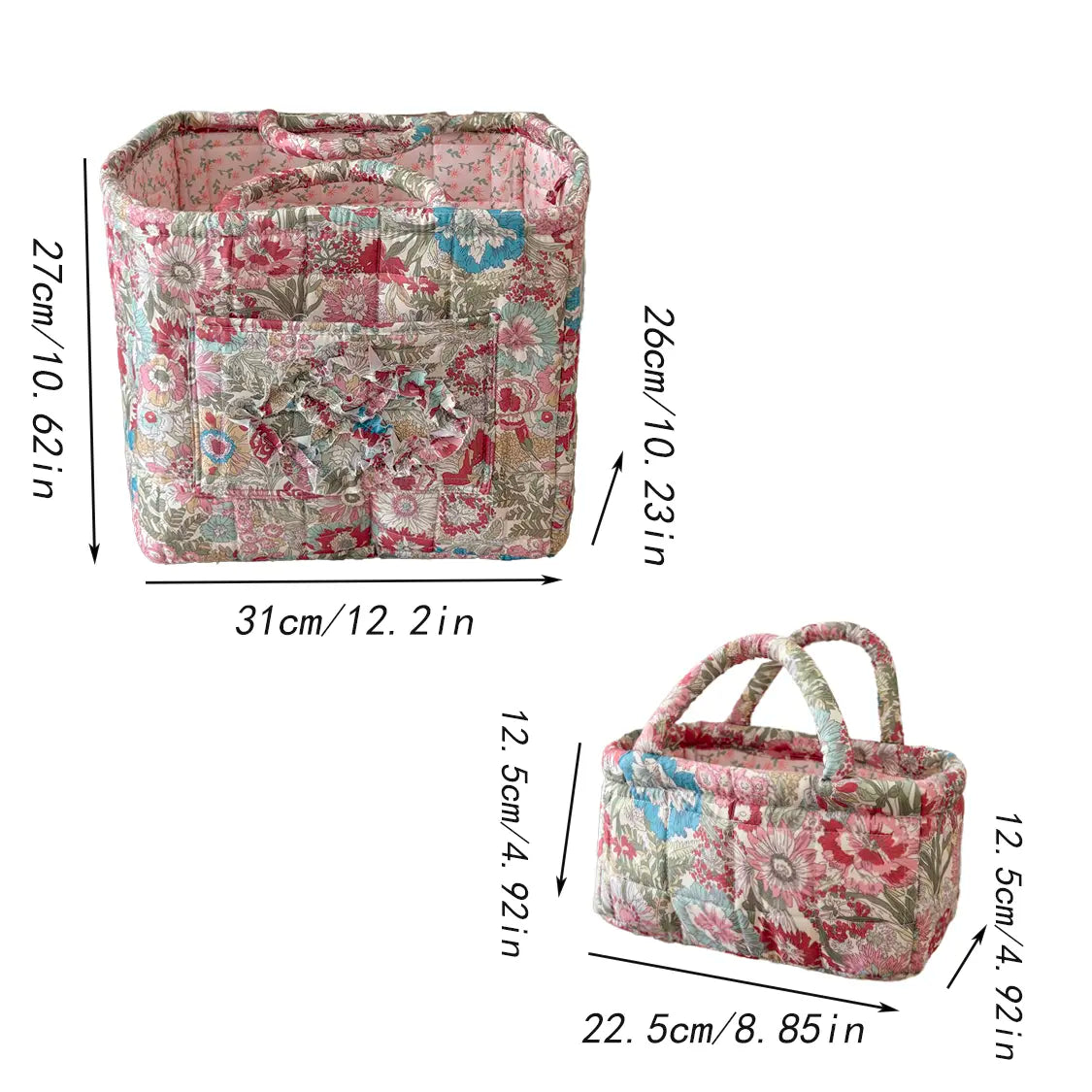 Women's Retro Foldable Soft Quilted Square Storage Basket - Dahuaofu Series, 31*27*26 cm Large Pink Flowers Print Polyester Bag, Basket with Handle, Front Pocket, Multi-Function High-Capacity Organizer, Blue, Clothes Organizer