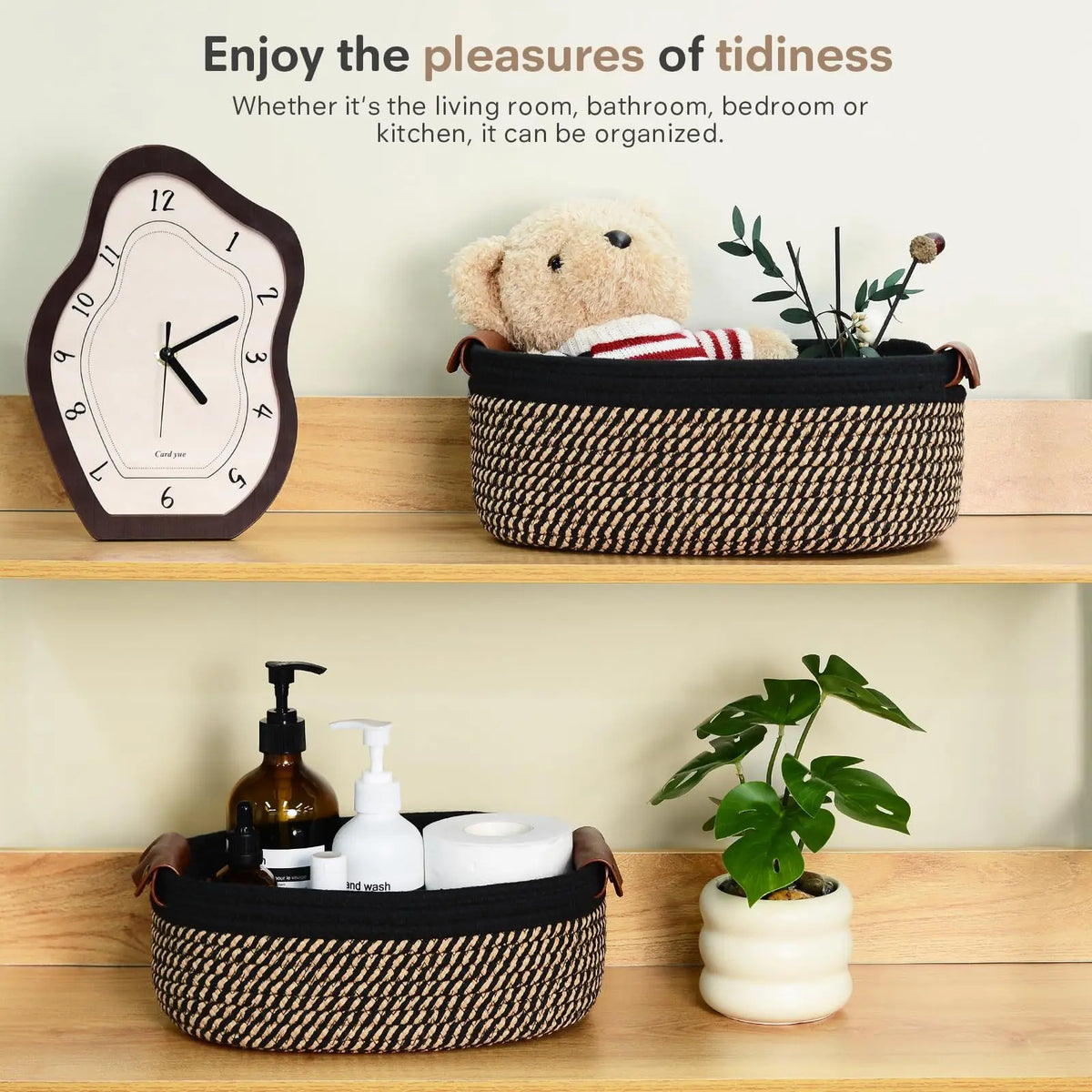 SANNAX 5-Piece Multi-Size Sturdy Cotton Rope Storage Basket Set, High-Quality Leather-Accent Organizers for Storage Organization, Dorm Decor, Preschool/Bedroom Use, Books & Tech