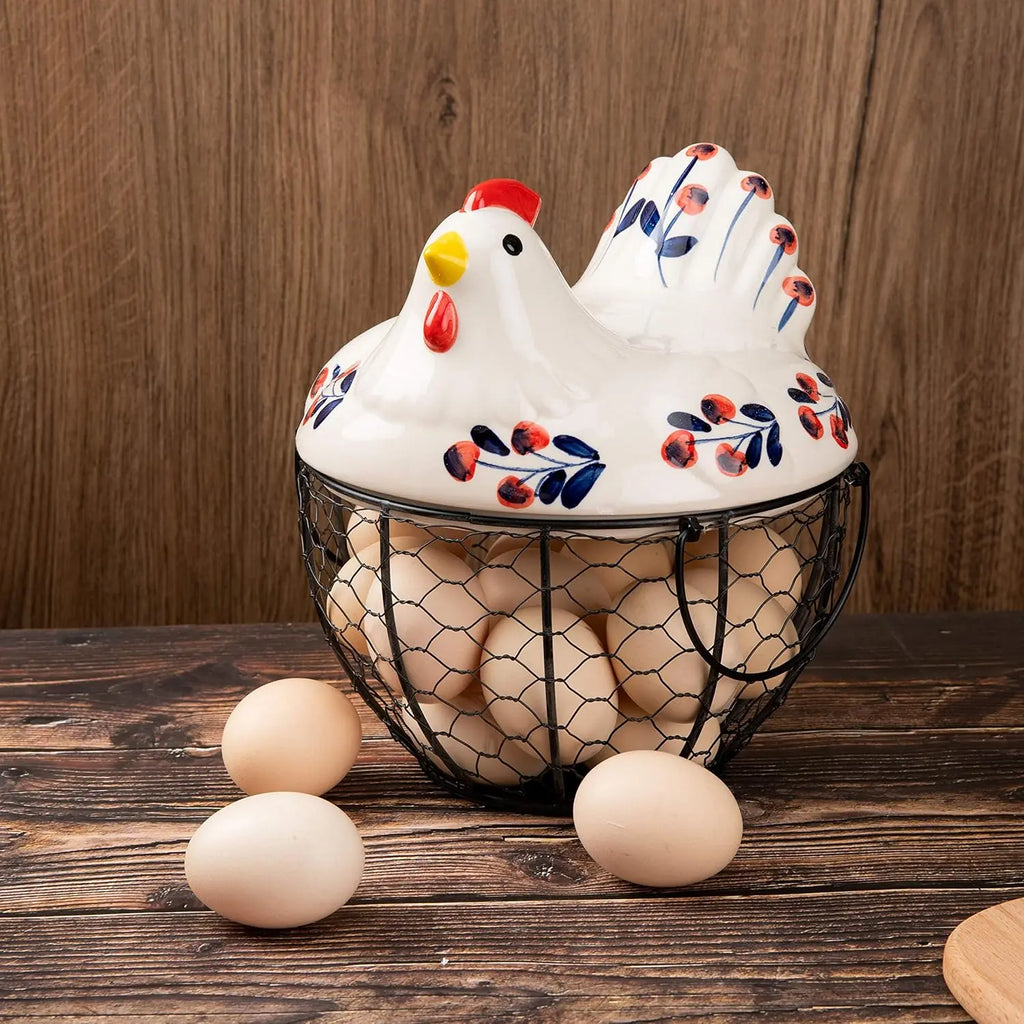 Ceramic Chicken Egg Holder with Metal Wire Frame & Lift-Off Round Lid, Rustic Cherry Blossoms Decorative Storage Home Decor Organiser, Wire Baskets for Organizing Eggs Fruits Home Garden Use