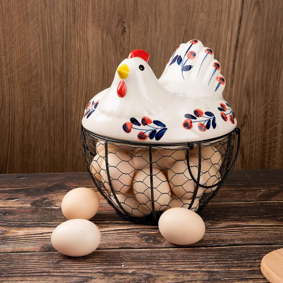 Ceramic Chicken Egg Holder with Metal Wire Frame & Lift-Off Round Lid, Rustic Cherry Blossoms Decorative Storage Home Decor Organiser, Wire Baskets for Organizing Eggs Fruits Home Garden Use